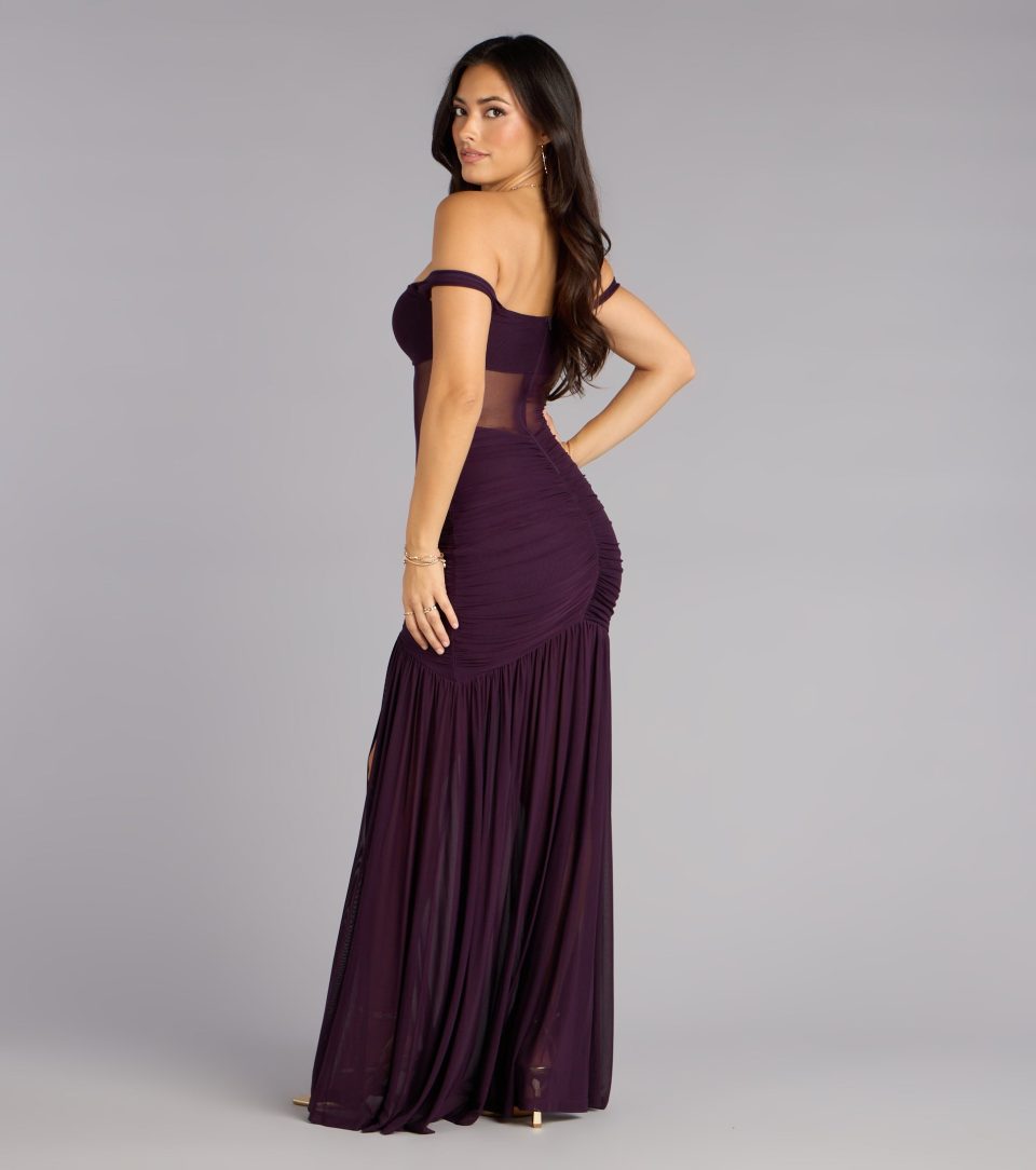 Eliza Sheer Mesh Off-The-Shoulder Mermaid Dress