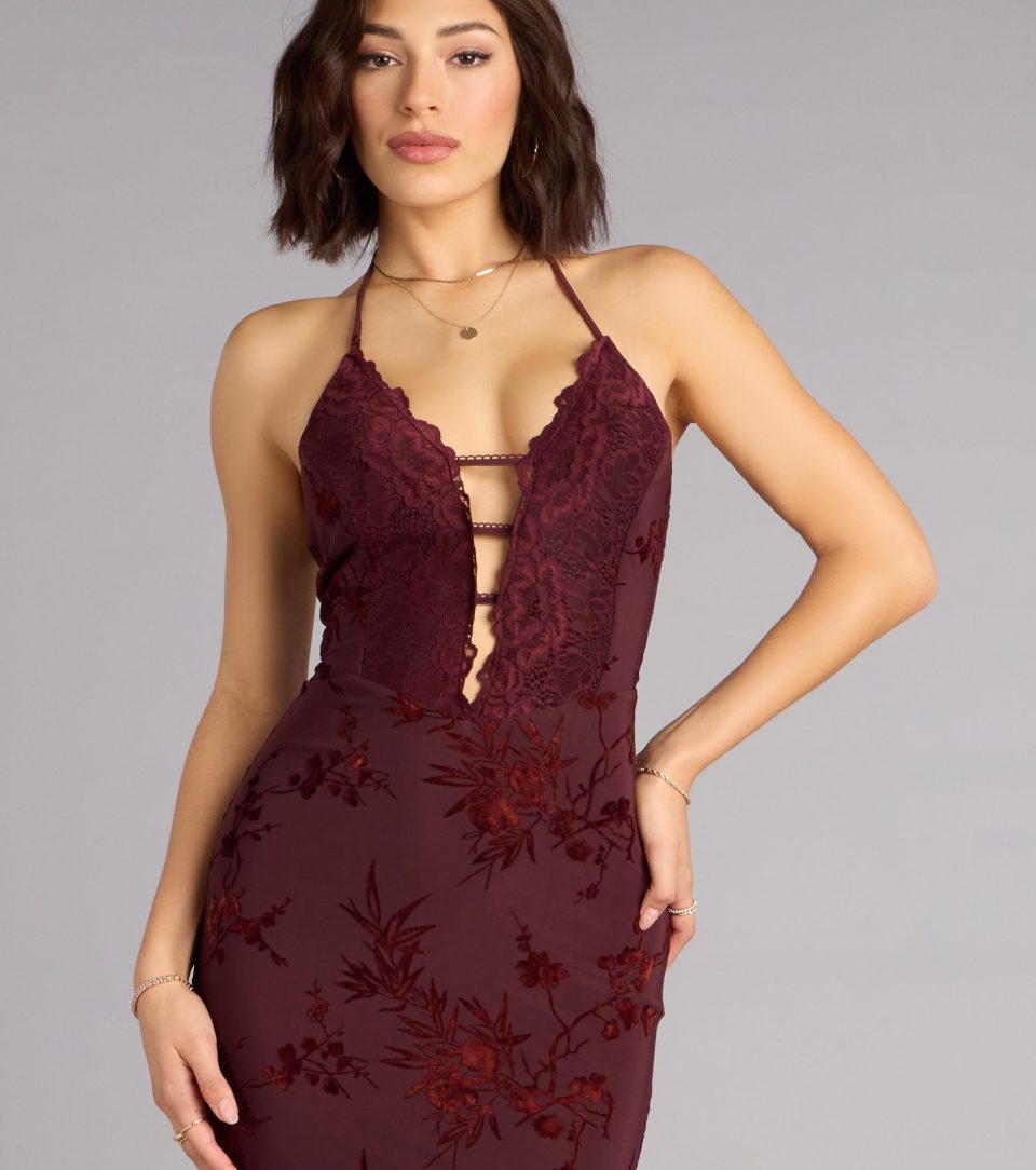 Erin Flocked Velvet Lace-Up Mermaid Formal Dress