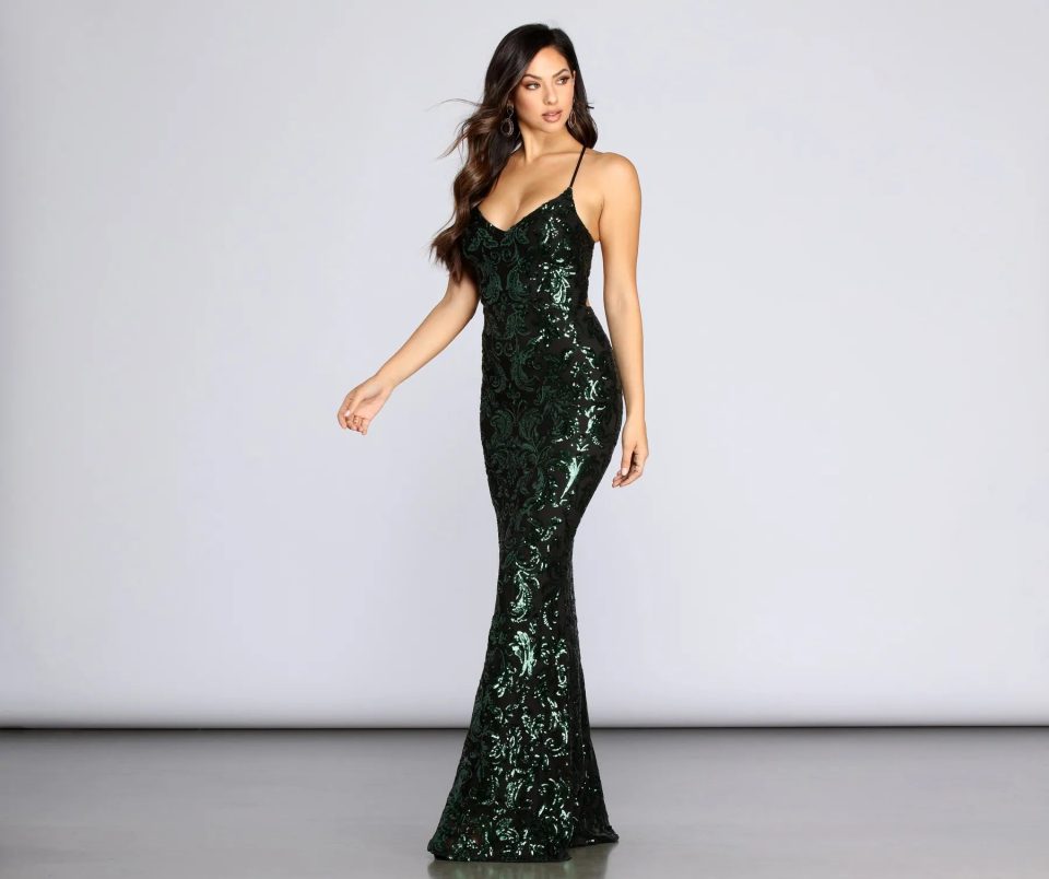 Taisia Formal Sequin Scroll Dress