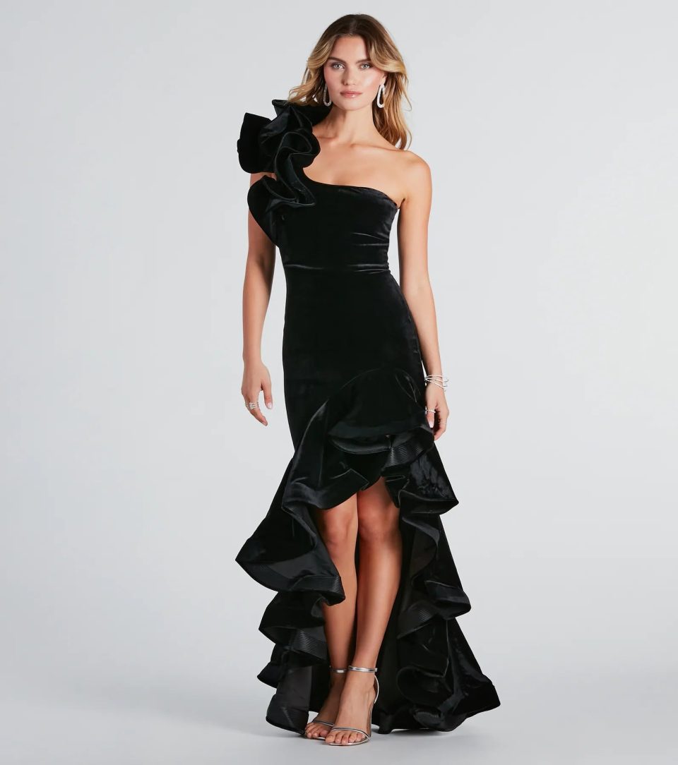Beatrice Formal Velvet Ruffle High Low Dress