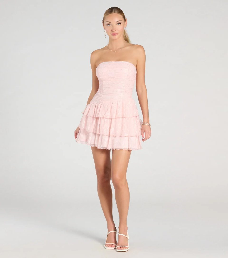 Lovely Nights Strapless Lace Ruffle Skater Dress
