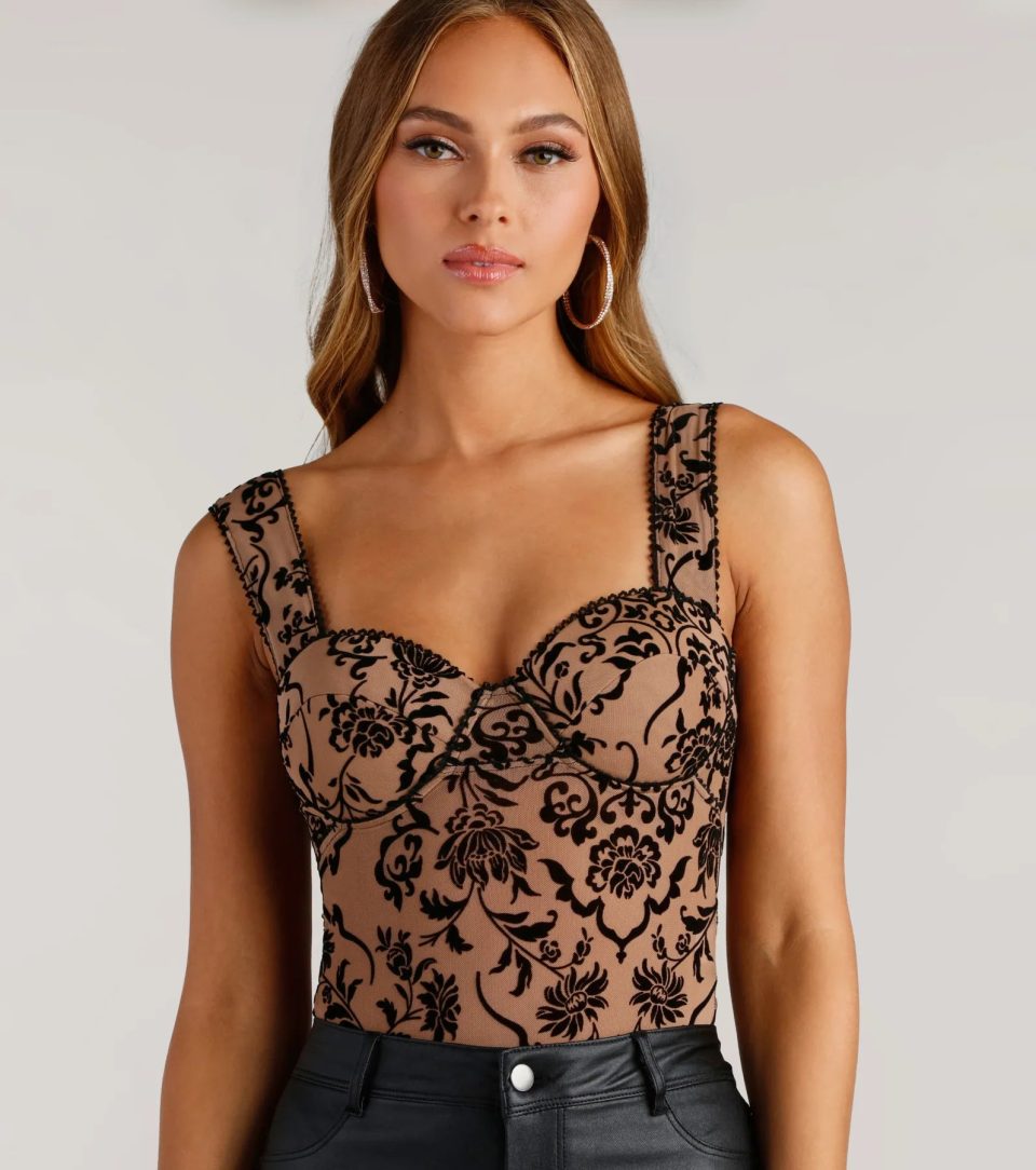Floral Stunner Flocked Bustier Bodysuit