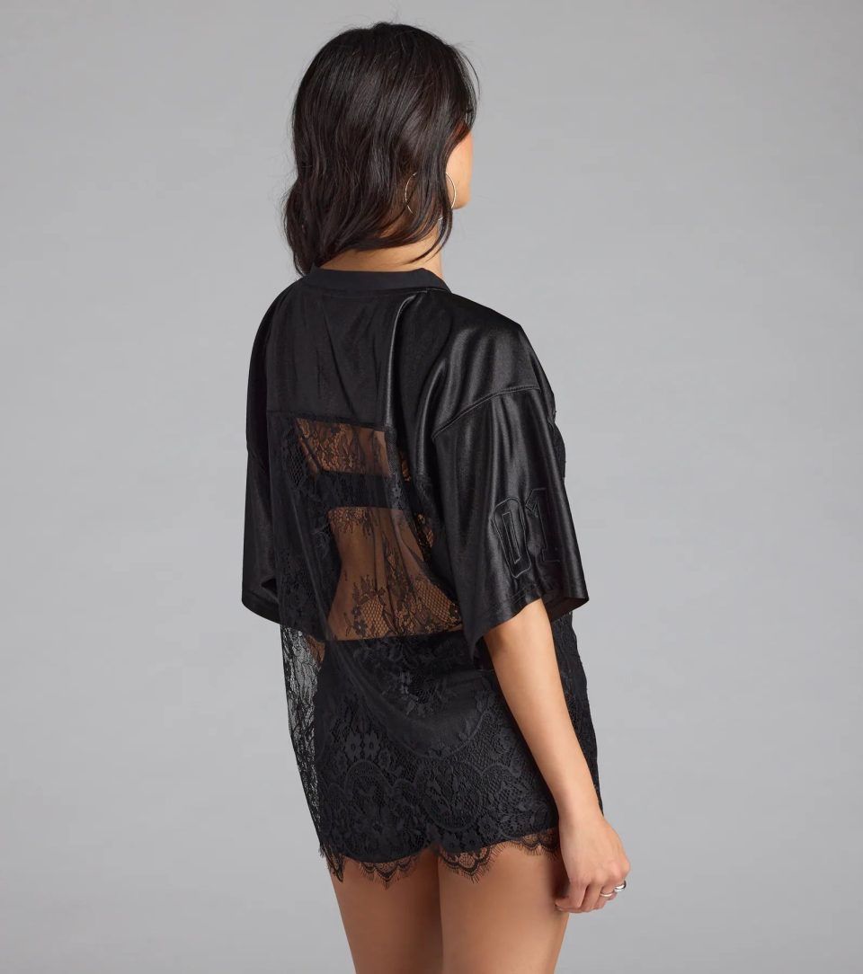 Sporty Chic Lace V-Neck 24 Graphic Jersey Top