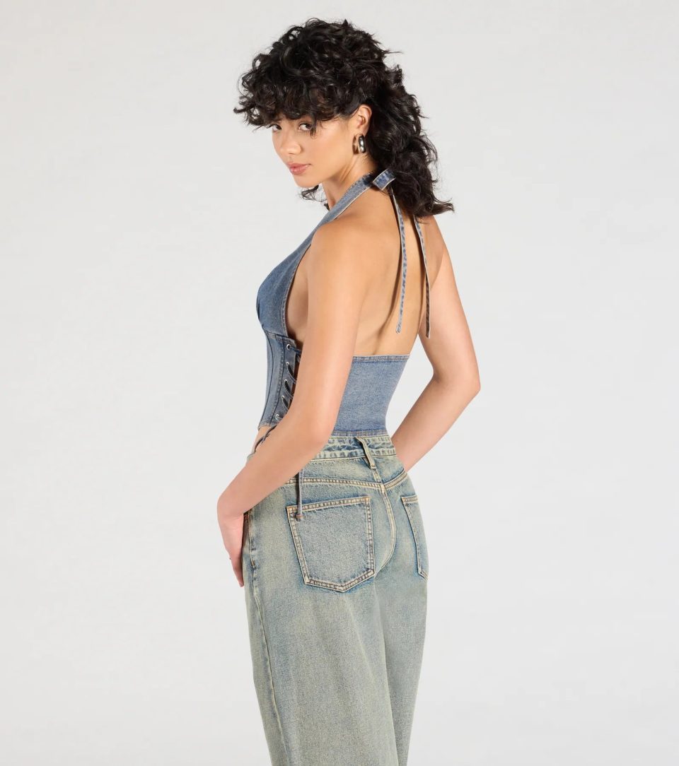 The New Classic Halter Lace-Up Denim Corset Top