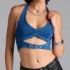 Buckled Babe Halter Denim Crop Top