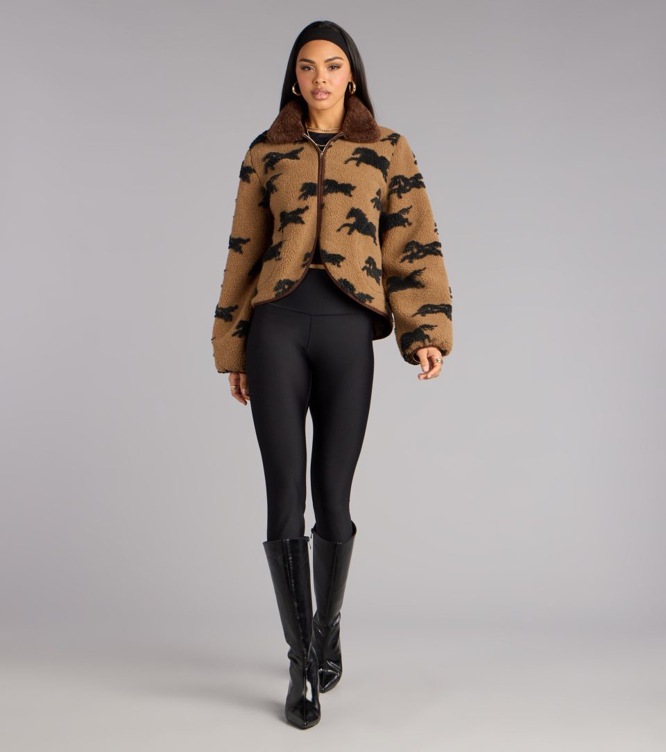 Wild Spirit Horse Print Faux Sherpa Jacket