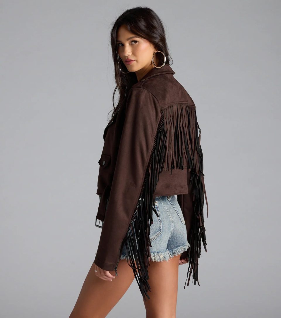 Stylish Out West Faux Suede Fringe Moto Jacket
