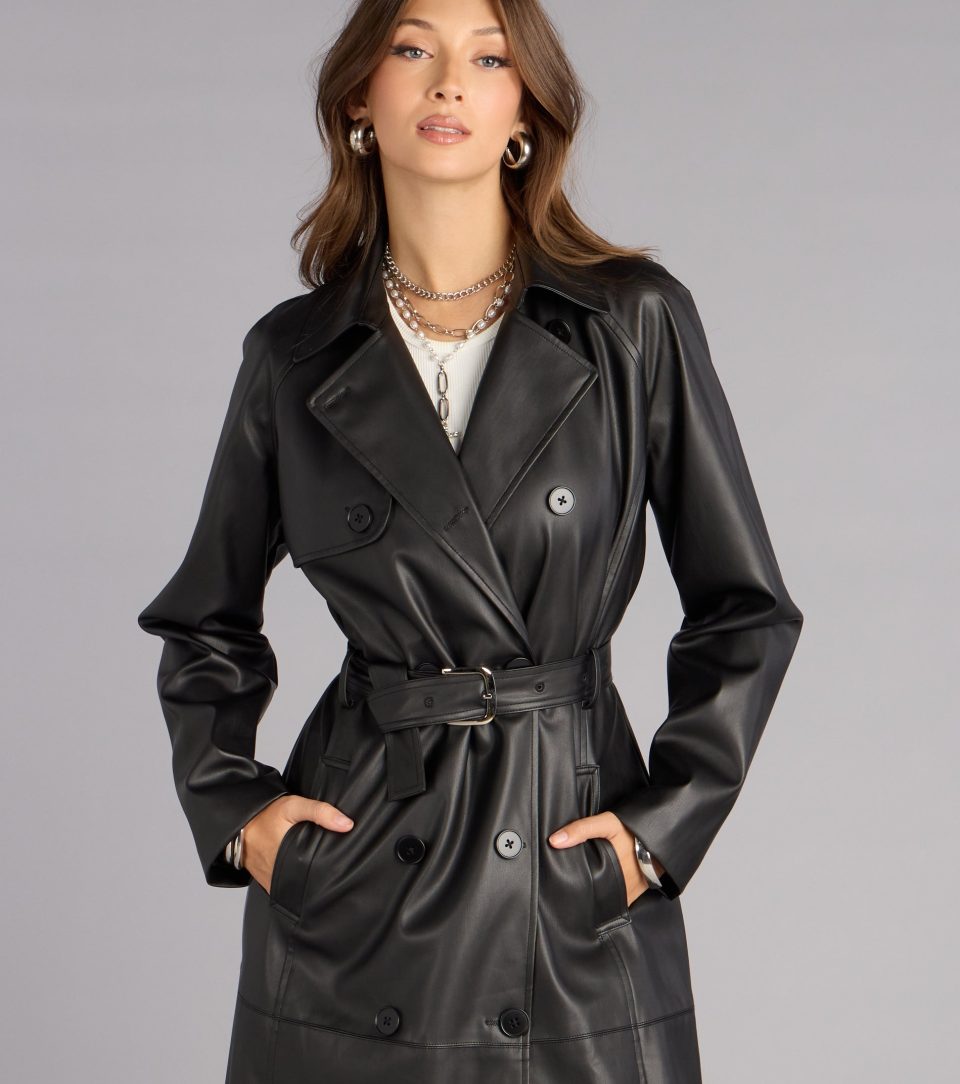 Iconic Muse Faux Leather Belted Trench Coat