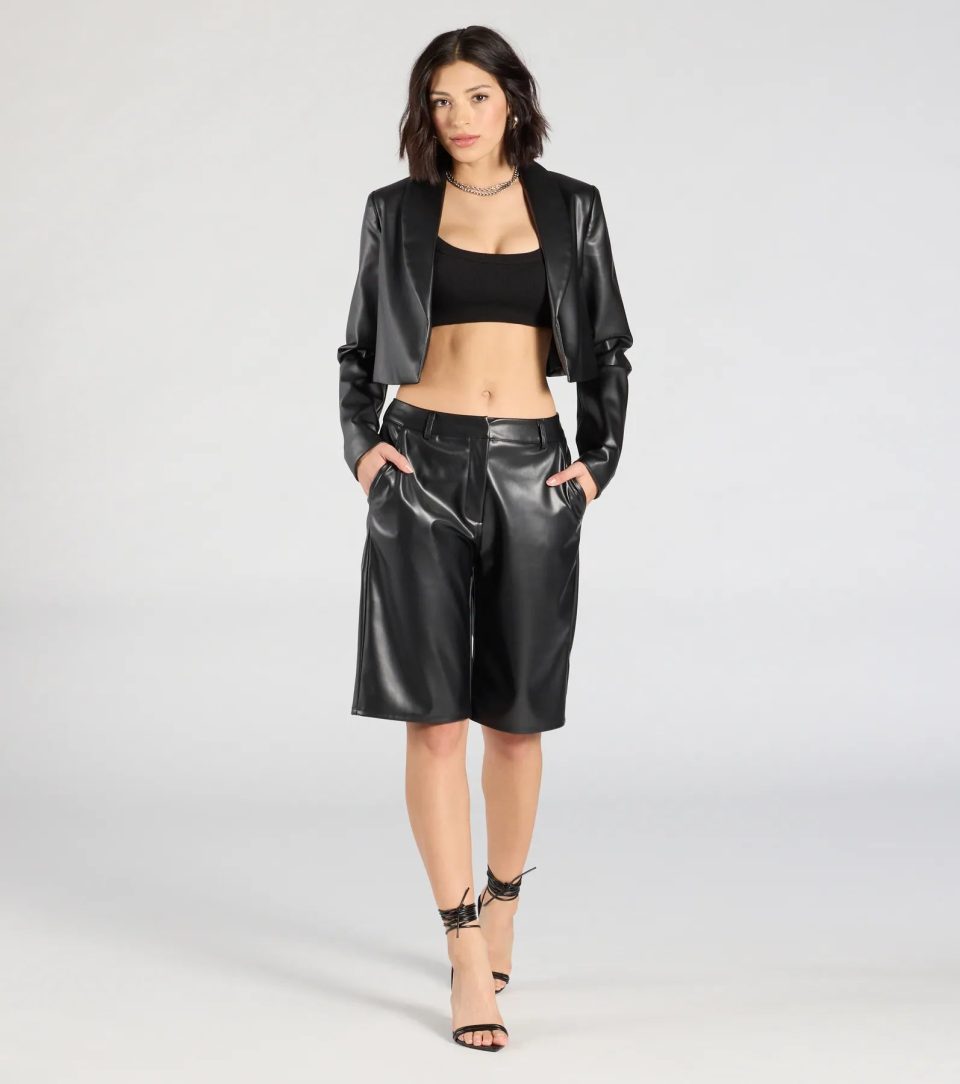 Chic Layer Faux Leather Cropped Blazer