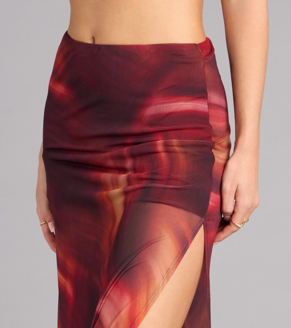 Sunset Glow Abstract Print Mesh Maxi Skirt