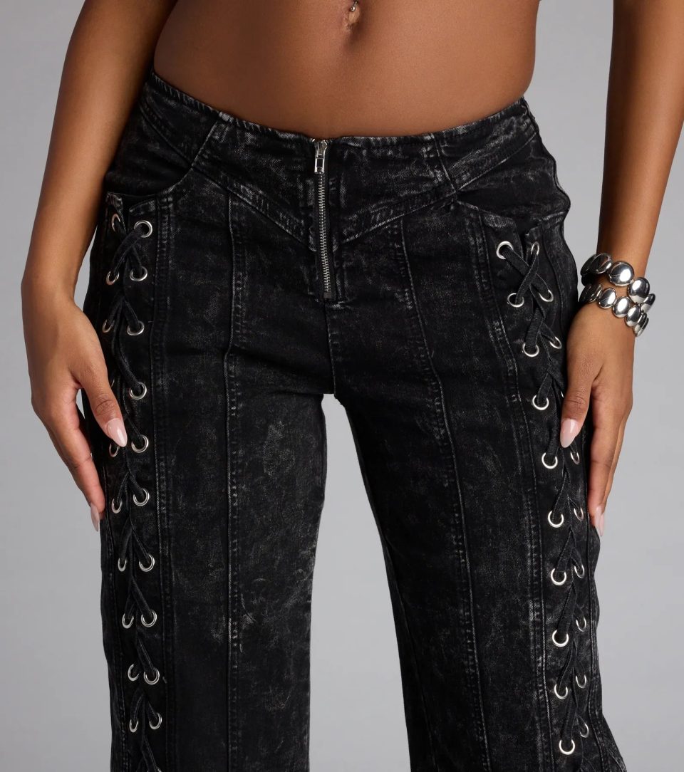 Dial Up Drama Mid-Rise Lace Up Denim Jeans