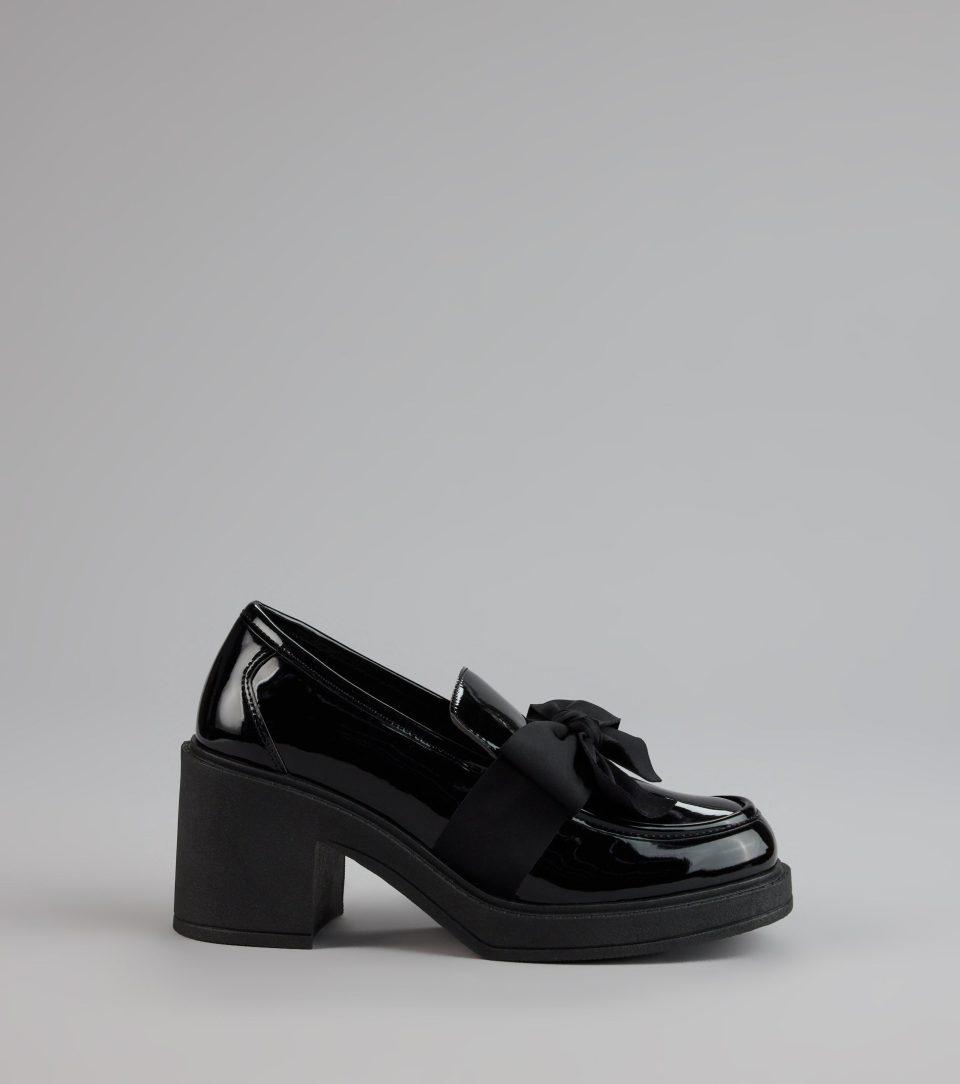 Gloss And Bow Block Heel Loafers